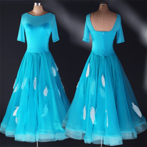 Royal blue turquoise white feather long length competition professional women's girl's ballroom tango waltz dancing dresses